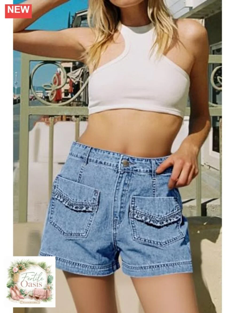 High Waisted Baggy Wide Leg Jean Shorts with Ruffle Pockets, Lightweight